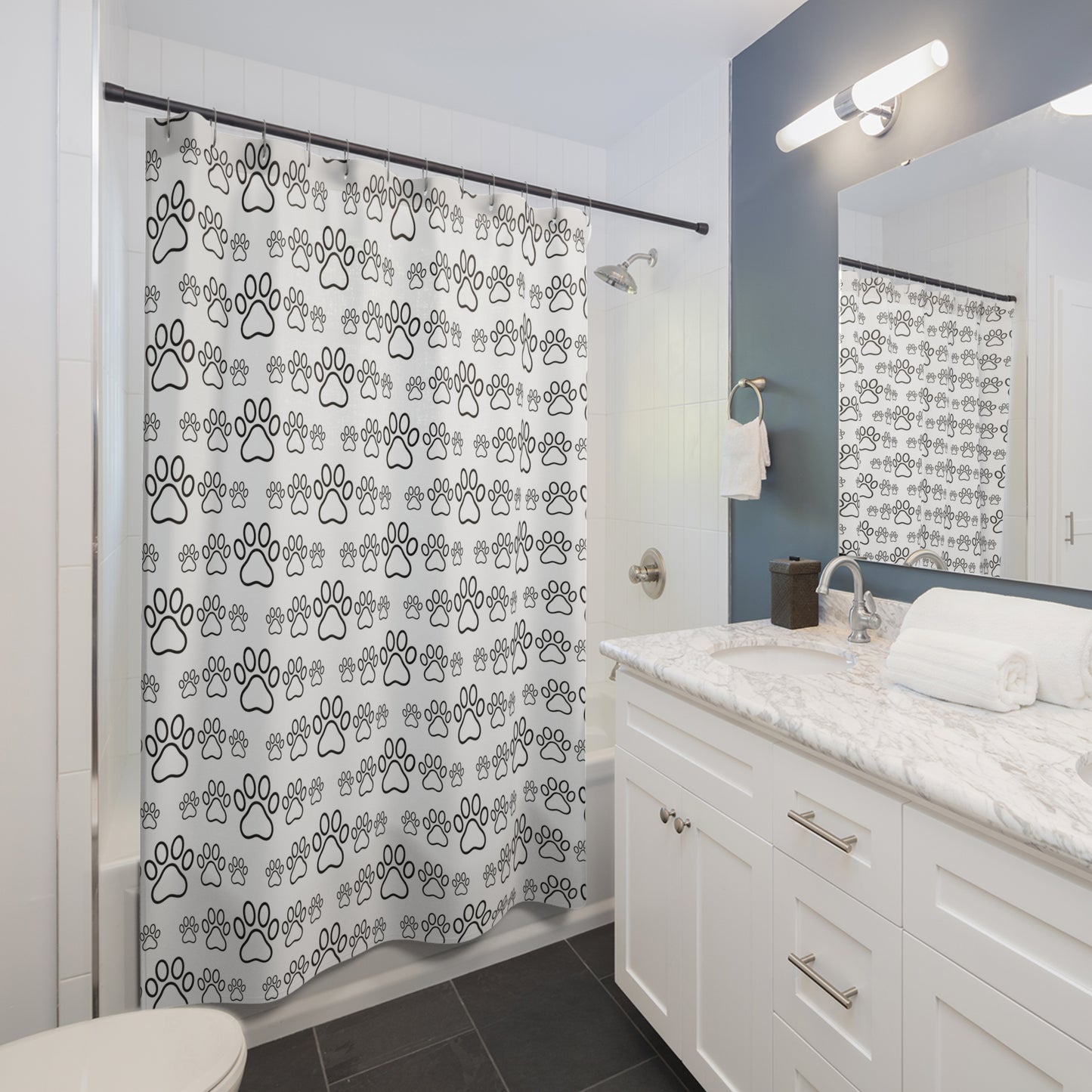 Paw Print Shower Curtain — Black & White Dog Paw Pattern Bathroom Décor