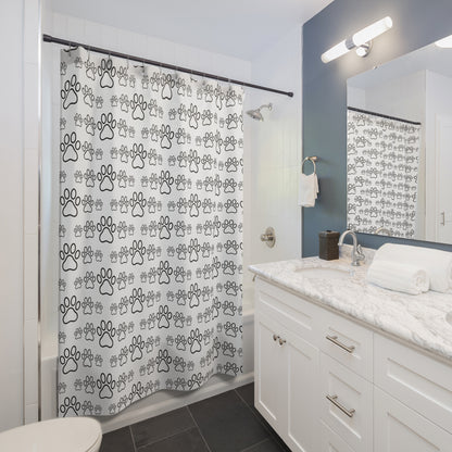 Paw Print Shower Curtain — Black & White Dog Paw Pattern Bathroom Décor