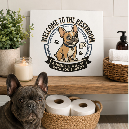 Canvas Wall Art — "Welcome to the Restroom: A Frenchie Will Be With You Shortly" Cute French Bulldog Bathroom Sign