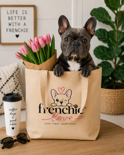Frenchie Love Tote Bag — Cute French Bulldog Eco Tote (Paw Print Back)