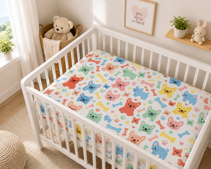 Baby Crib Sheet — Colorful Puppy & Bones Fitted Nursery Sheet