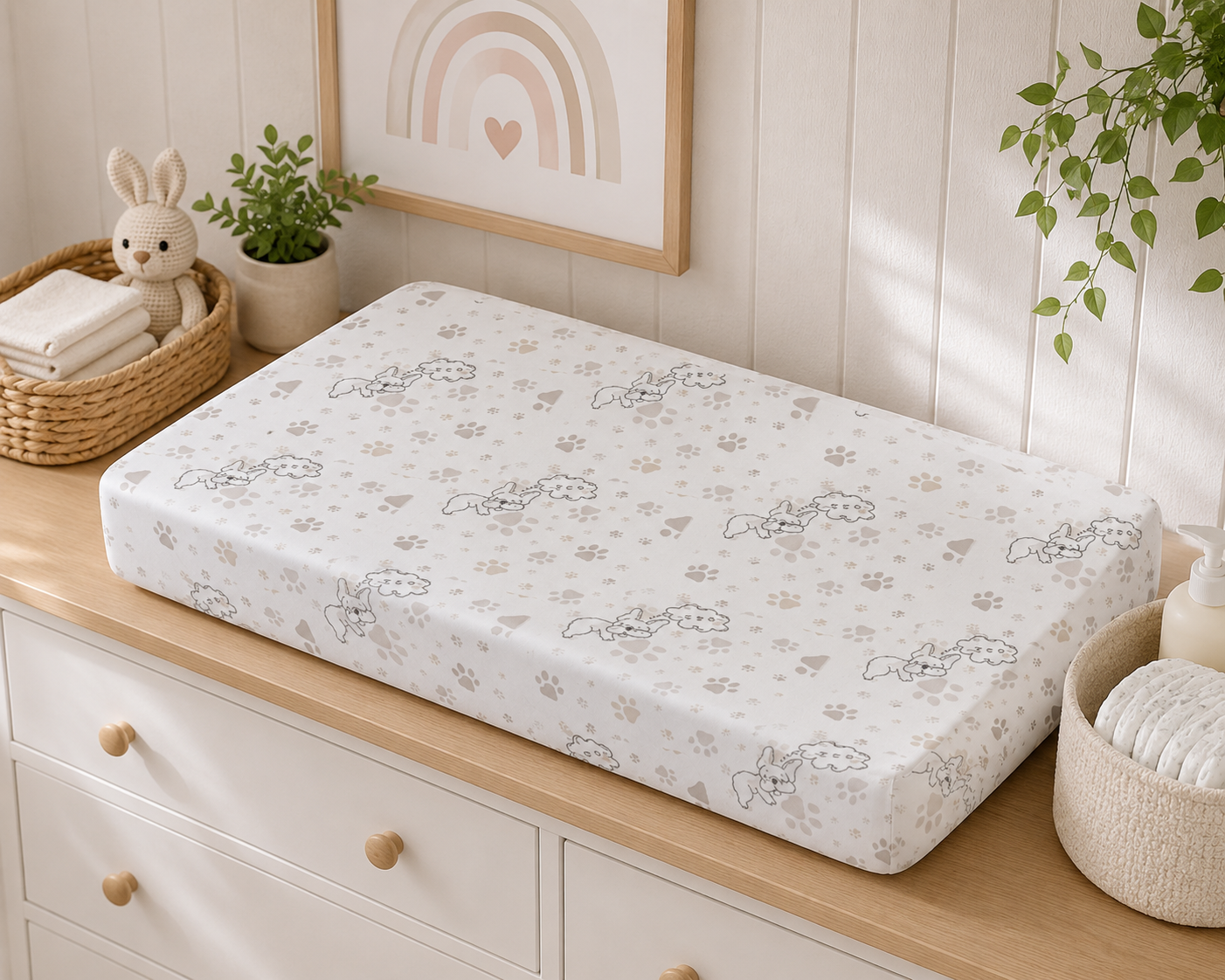 Neutral Paw Print Baby Changing Pad Cover — Soft Fitted Nursery Pad Cover