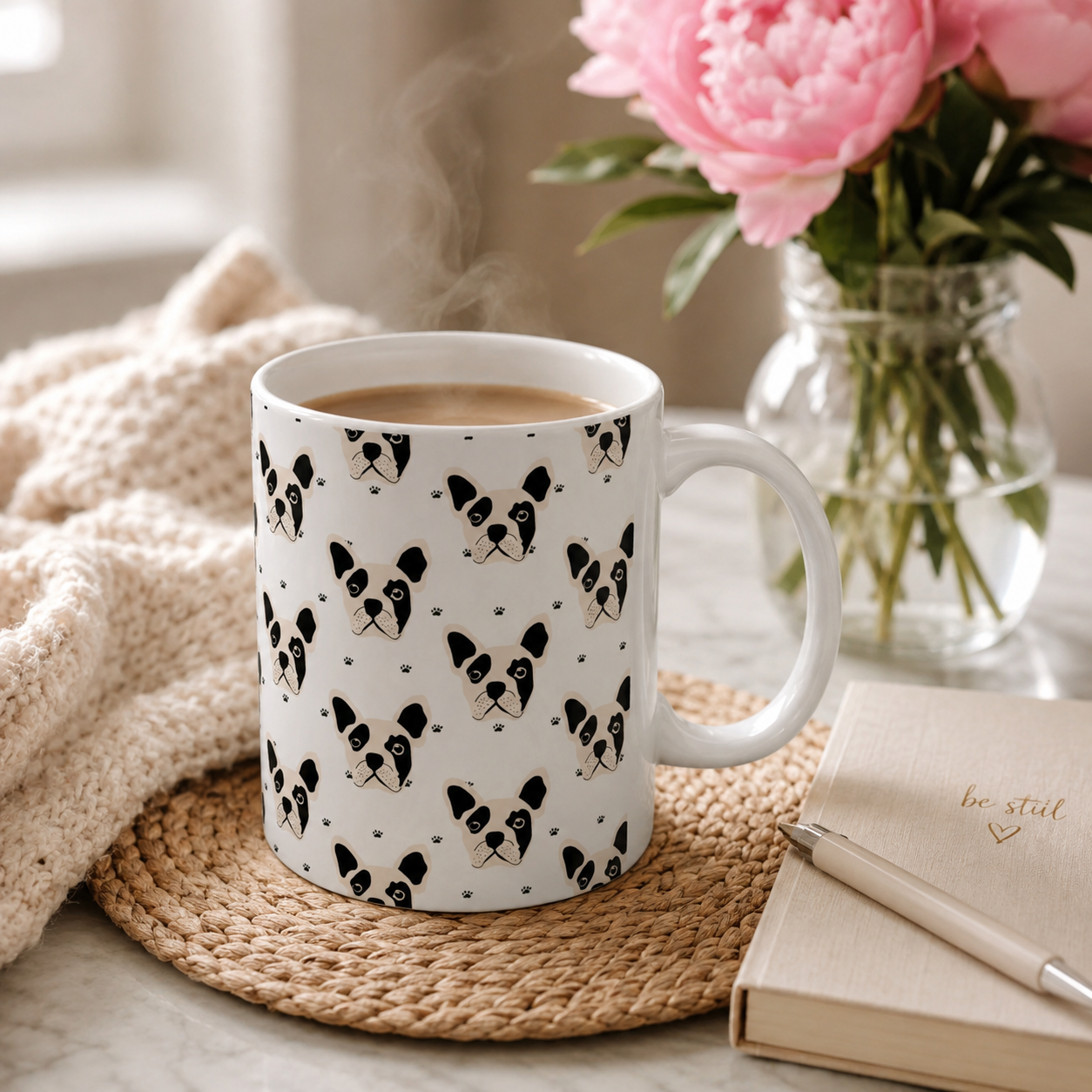 French Bulldog Pattern Ceramic Mug — Cute Dog Face Coffee Cup (11oz, 15oz)