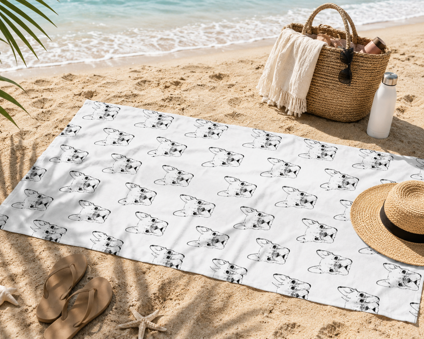 French Bulldog Pattern Beach Towel — Cute Black & White Dog Print