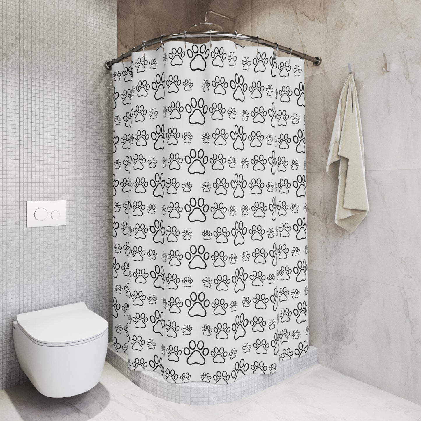 Paw Print Shower Curtain — Black & White Dog Paw Pattern Bathroom Décor